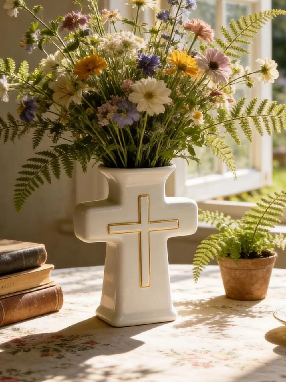White Ceramic Cross Vase for Home Decor NEW